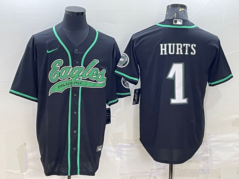 Men's Black Philadelphia Eagles #1 Jalen Hurts With Patch Cool Base Stitched Baseball Jersey